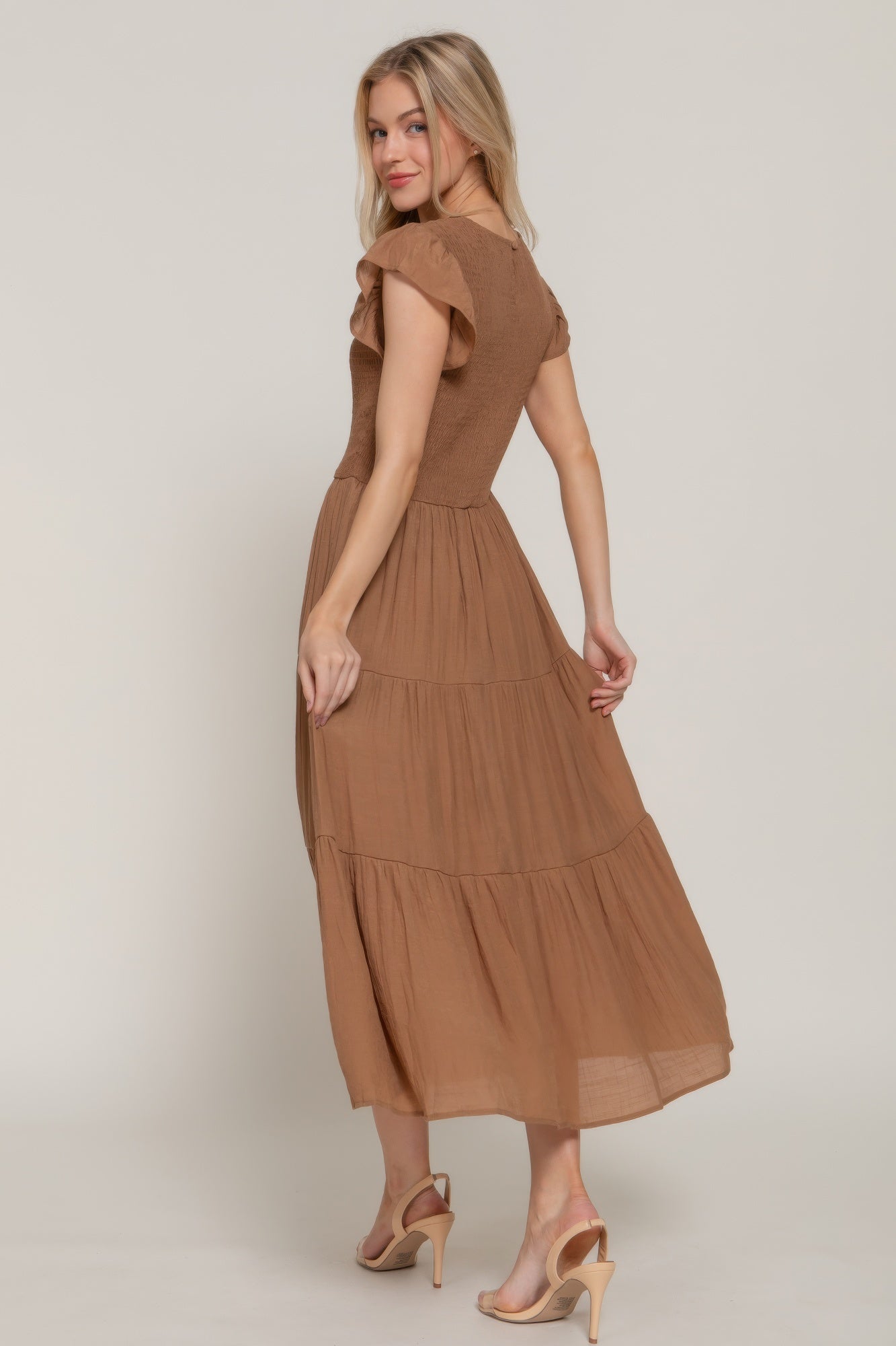 Ruffle Sleeve Smocked Solid Tired Dress - ZumBuys