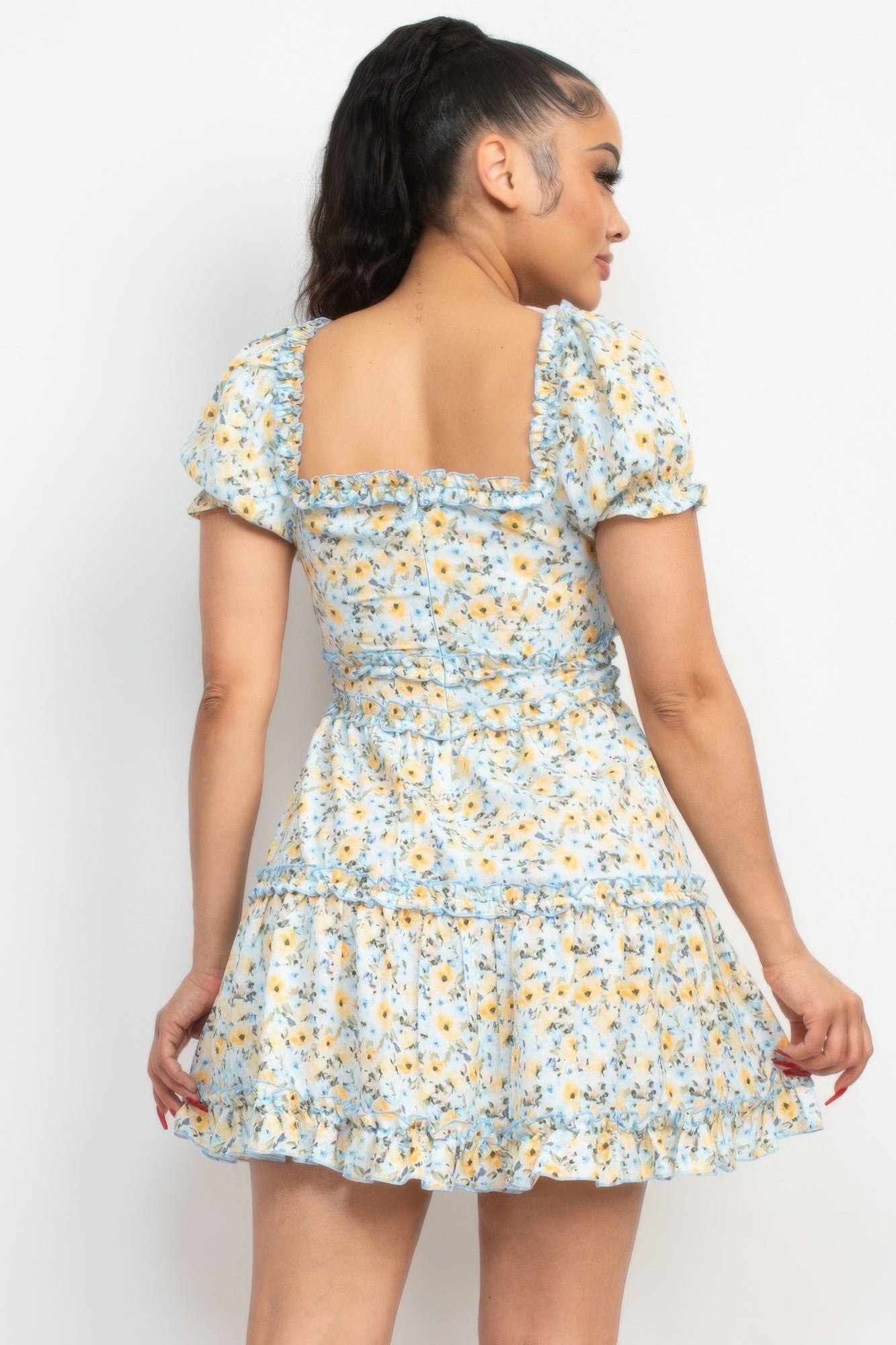 Ruffled Floral Puff Sleeve Dress - Blue/Yellow - ZumBuys