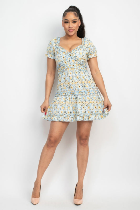Ruffled Floral Puff Sleeve Dress - Blue/Yellow - ZumBuys