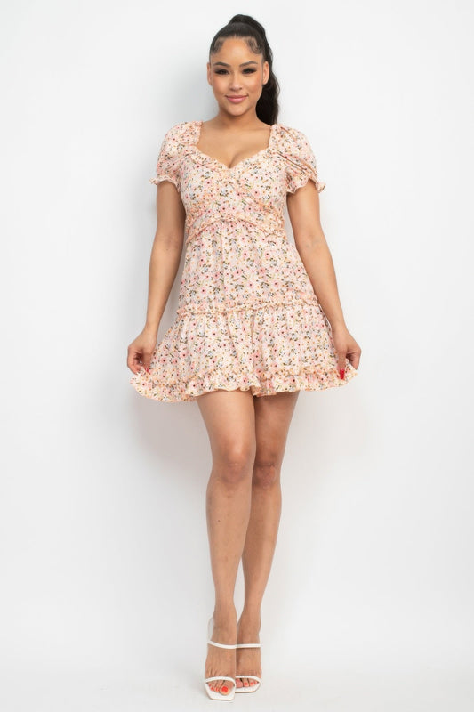 Ruffled Floral Puff Sleeve Dress - ZumBuys