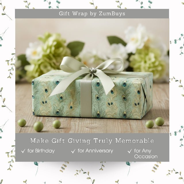 Sage Peacock Plume Wrapping Paper – Elegant Green Feather Gift Wrap Roll - ZumBuys