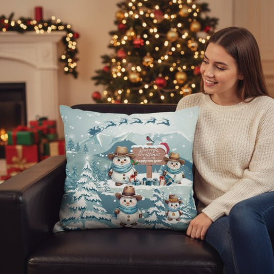 Snowy Cowboy Holiday Square Pillow - ZumBuys