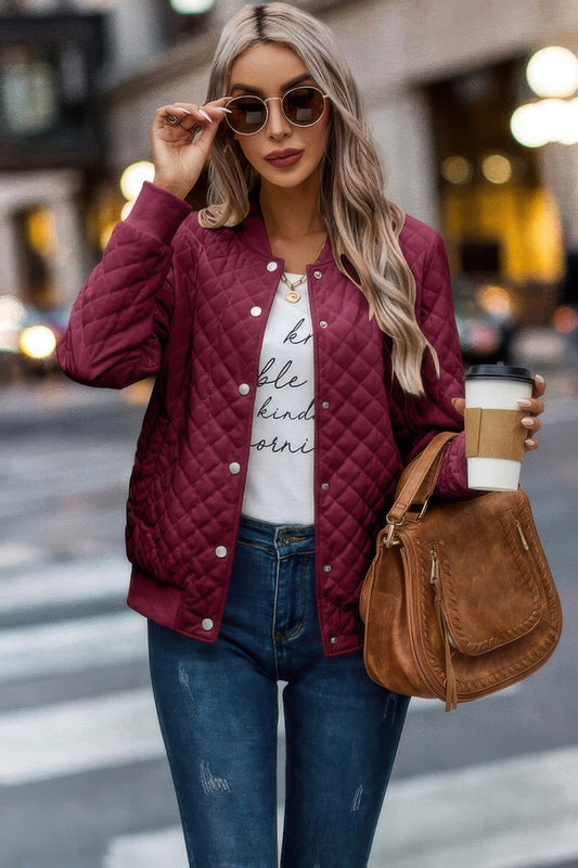 Solid Plaid Stitch Pockets Bomber Jacket - ZumBuys