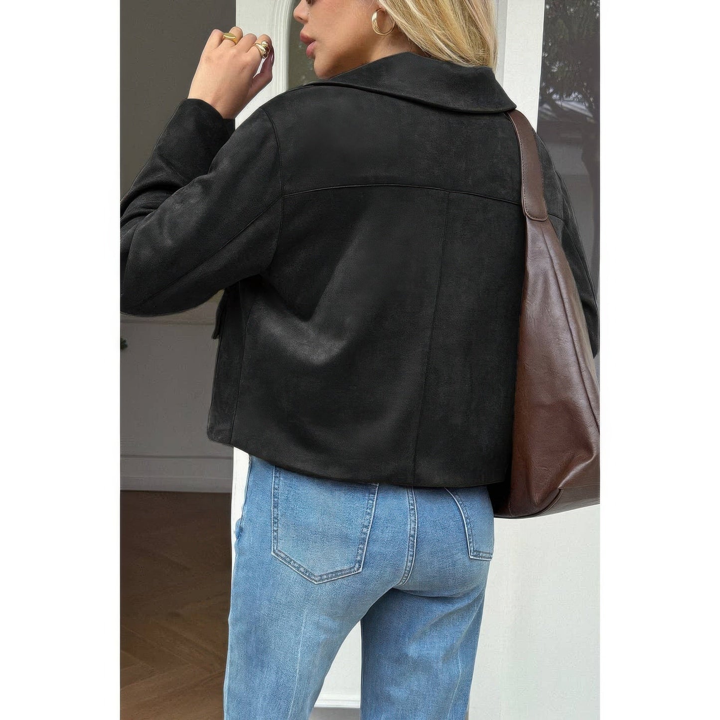 Solid Suit Lapel Faux Suede Leather Jacket - ZumBuys