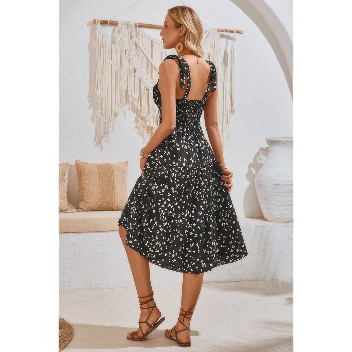 Square Neck Leopard Cut Out Elastic Waist Dress - ZumBuys