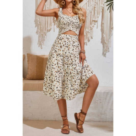 Square Neck Leopard Cut Out Elastic Waist Dress - ZumBuys