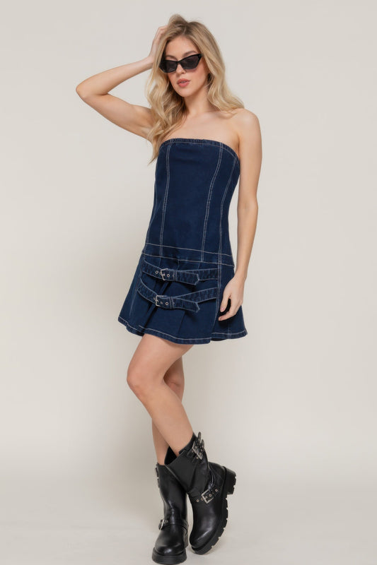 Strapless Stretch Denim Mini Pleats Dress - ZumBuys