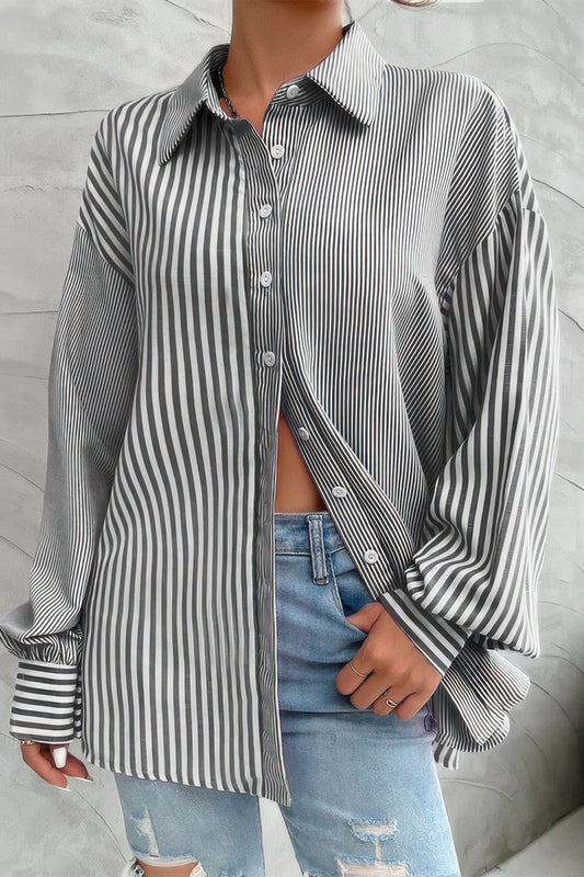 Stripe Print Button Down Long Sleeve Collar Shirt - ZumBuys