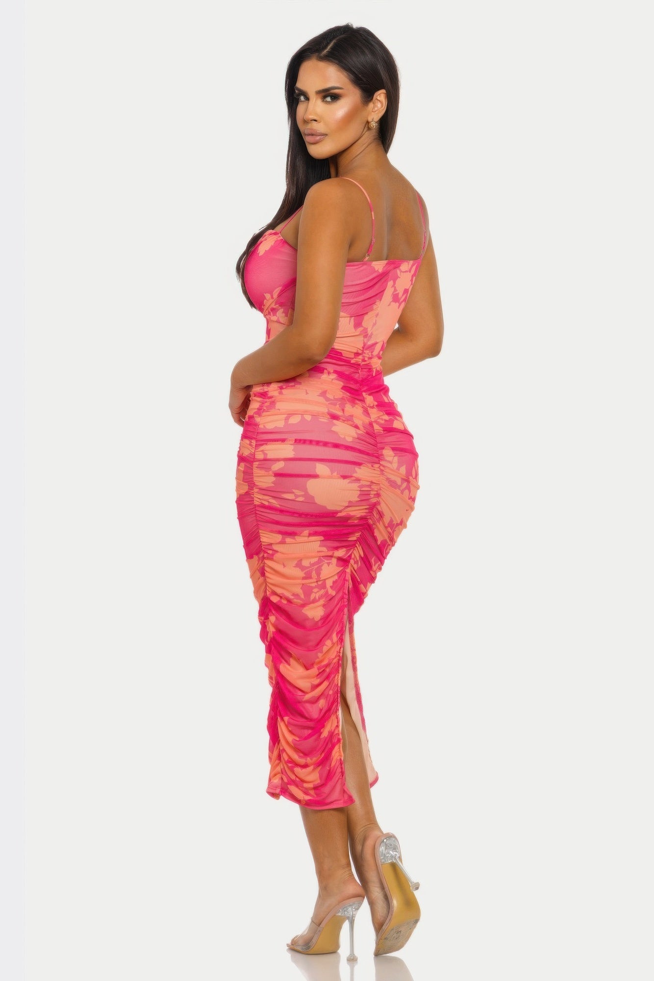 Sunset Bloom Mesh Dress for Women | Ruched Bodycon Midi Dress - ZumBuys