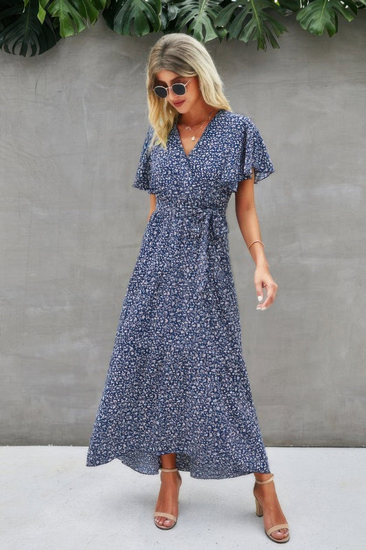 V Neck Blue Floral Short Sleeve Wrap Dress - ZumBuys