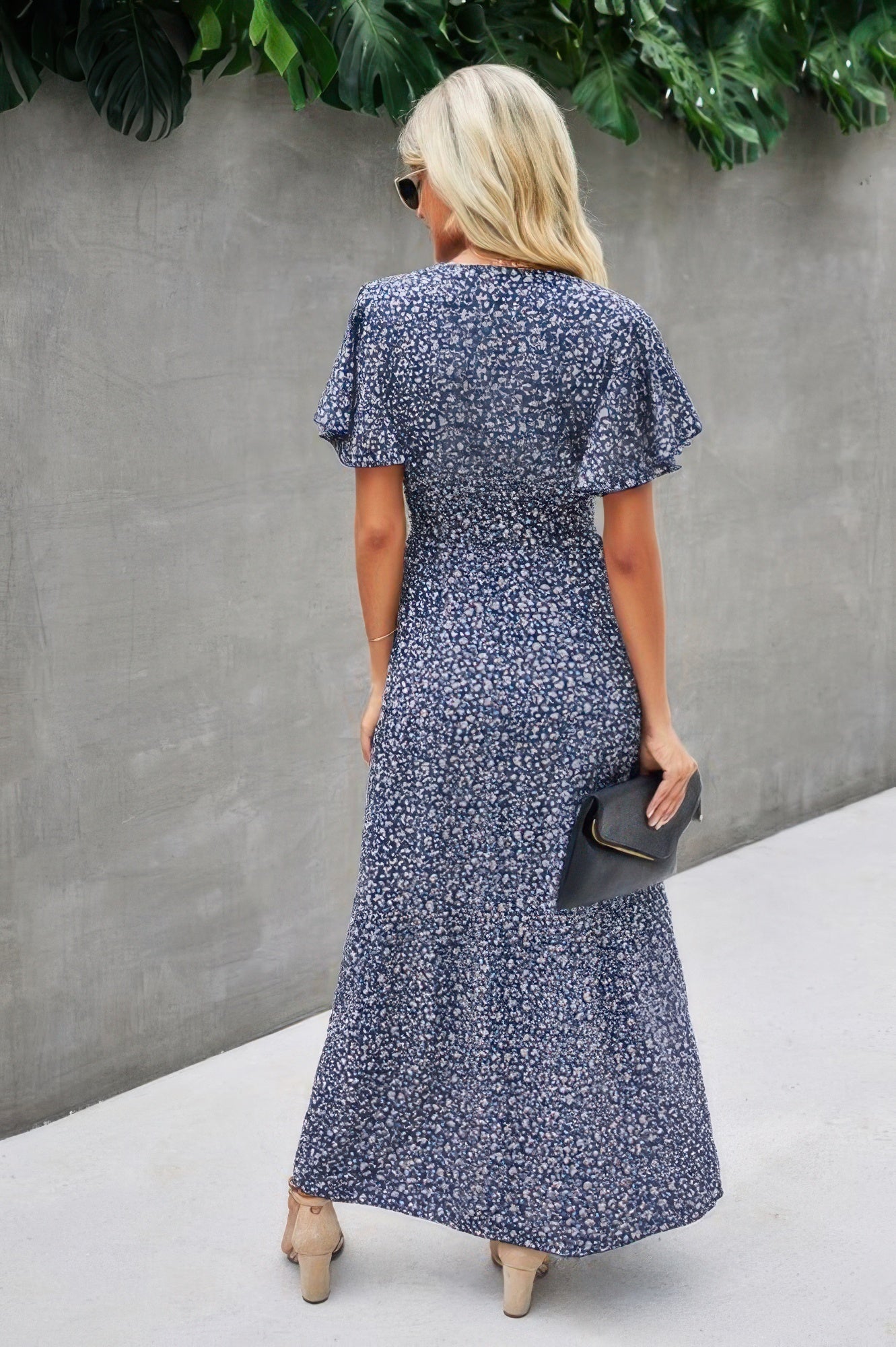 V Neck Blue Floral Short Sleeve Wrap Dress - ZumBuys