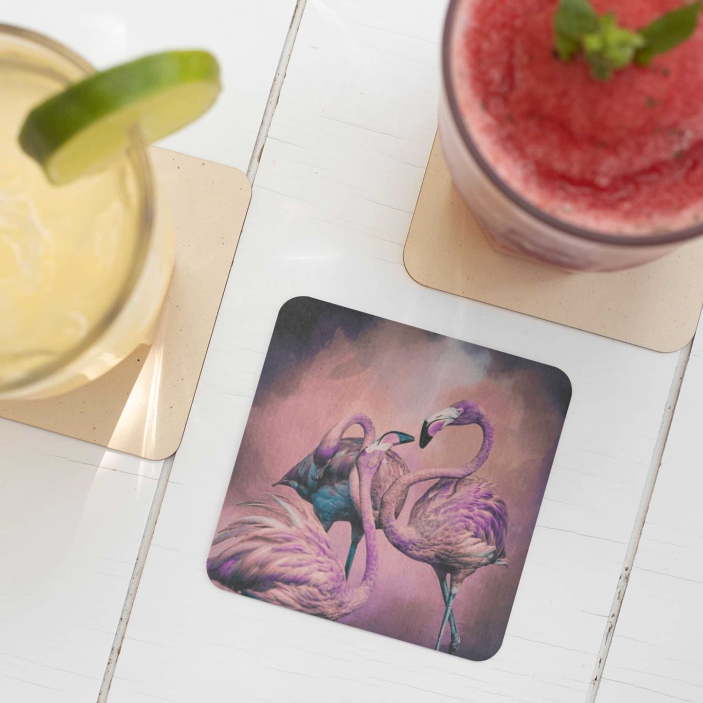 Glitzy Flamingos Corkwood Coaster Set - ZumBuys