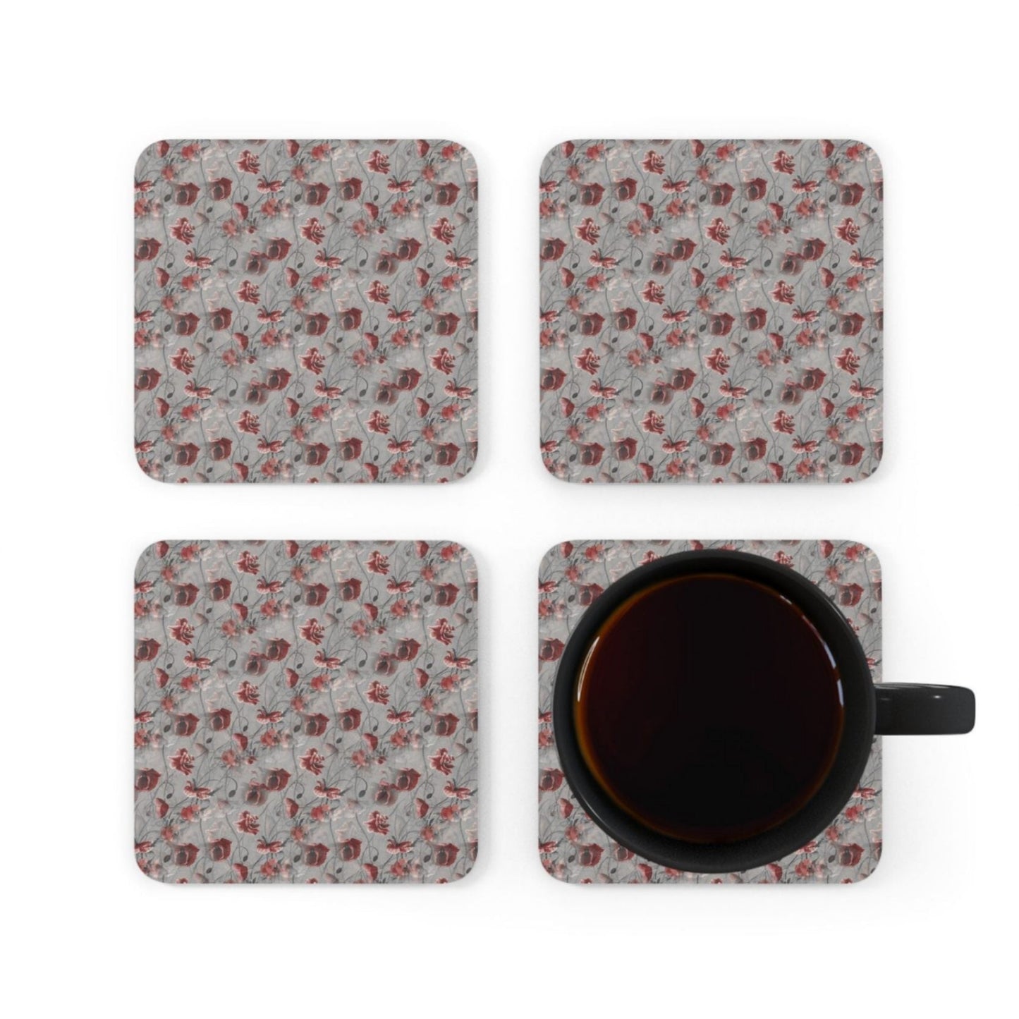 Red Flower Haze Corkwood Coaster Set - ZumBuys