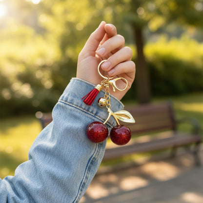 Red Glittered Resin Cherry Keychain