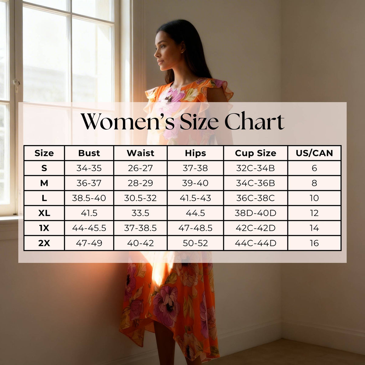 Size chart for Shelby & Palmer Floral Ruffled Sleeve