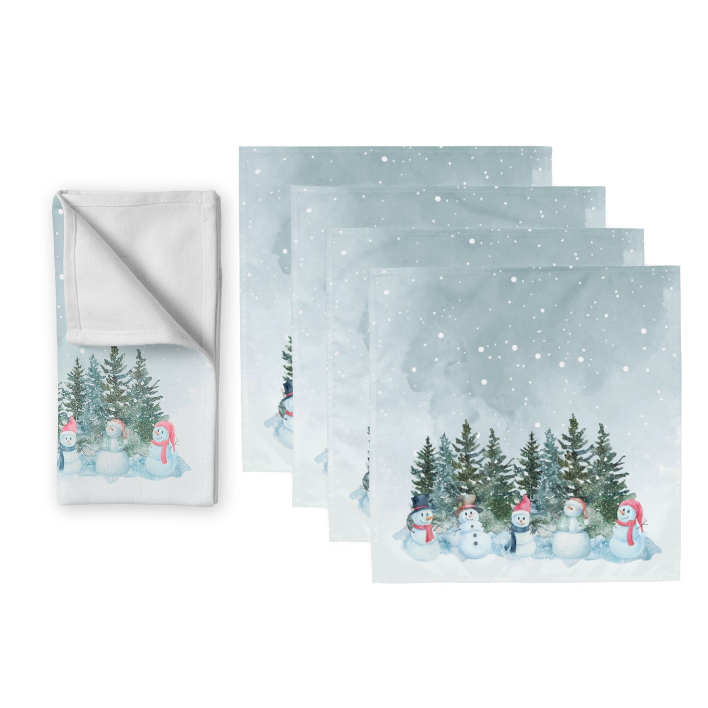 A set of four napkins featuring cheerful snowmen and trees, perfect for winter gatherings and festive occasions.