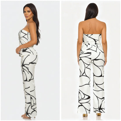 Abstract Motion Two - Piece Set for Women – Strapless Top & Wide Leg Pants Matching Set, Elegant White Outfit - ZumBuys