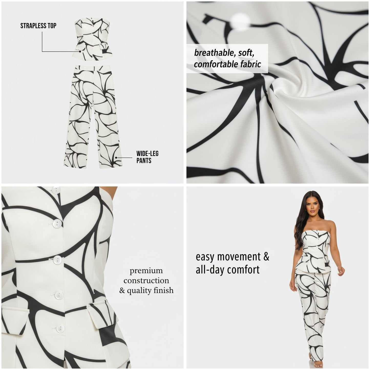 Abstract Motion Two - Piece Set for Women – Strapless Top & Wide Leg Pants Matching Set, Elegant White Outfit - ZumBuys