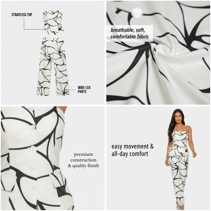 Abstract Motion Two - Piece Set for Women – Strapless Top & Wide Leg Pants Matching Set, Elegant White Outfit - ZumBuys