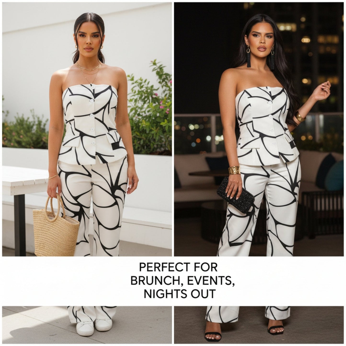 Abstract Motion Two - Piece Set for Women – Strapless Top & Wide Leg Pants Matching Set, Elegant White Outfit - ZumBuys