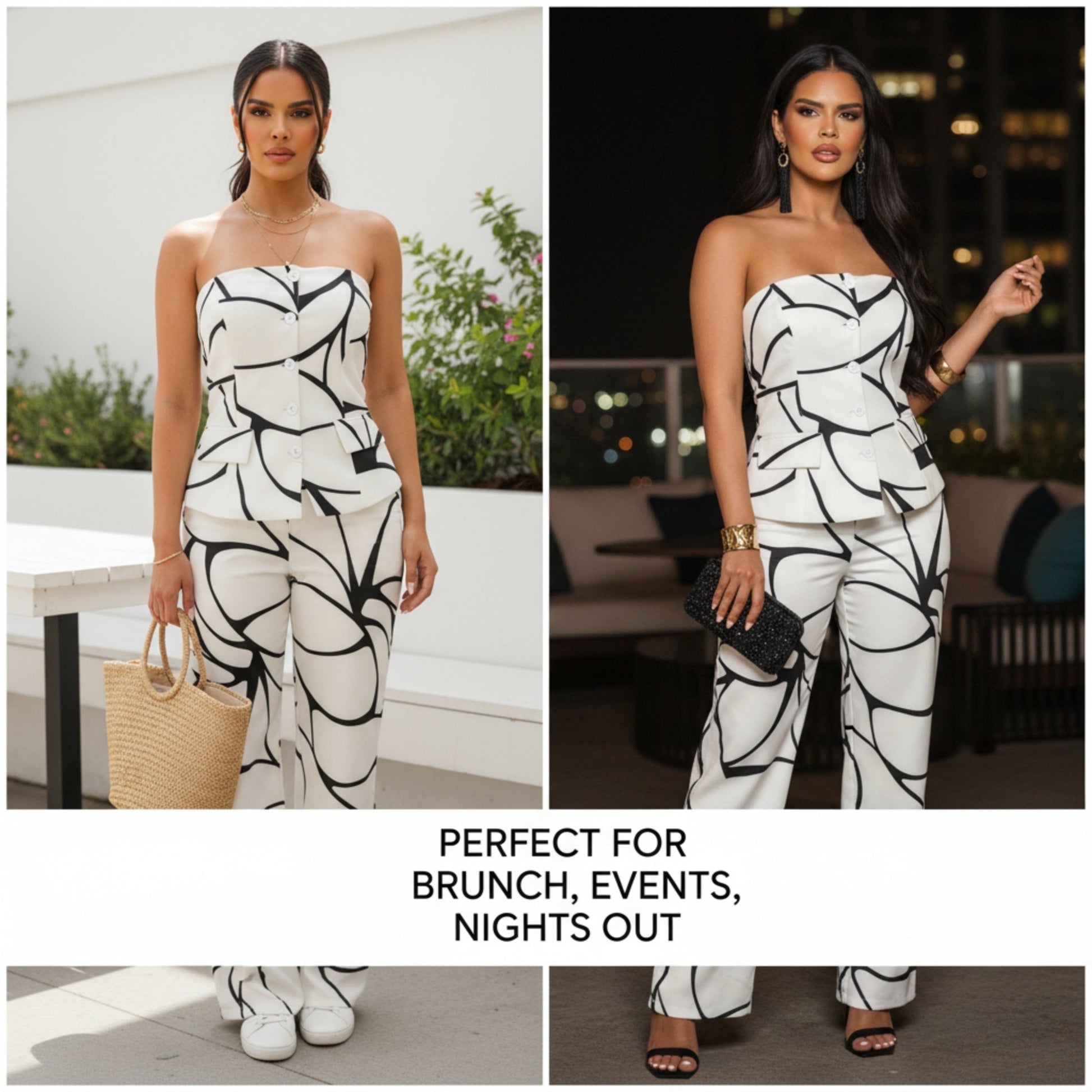 Abstract Motion Two - Piece Set for Women – Strapless Top & Wide Leg Pants Matching Set, Elegant White Outfit - ZumBuys