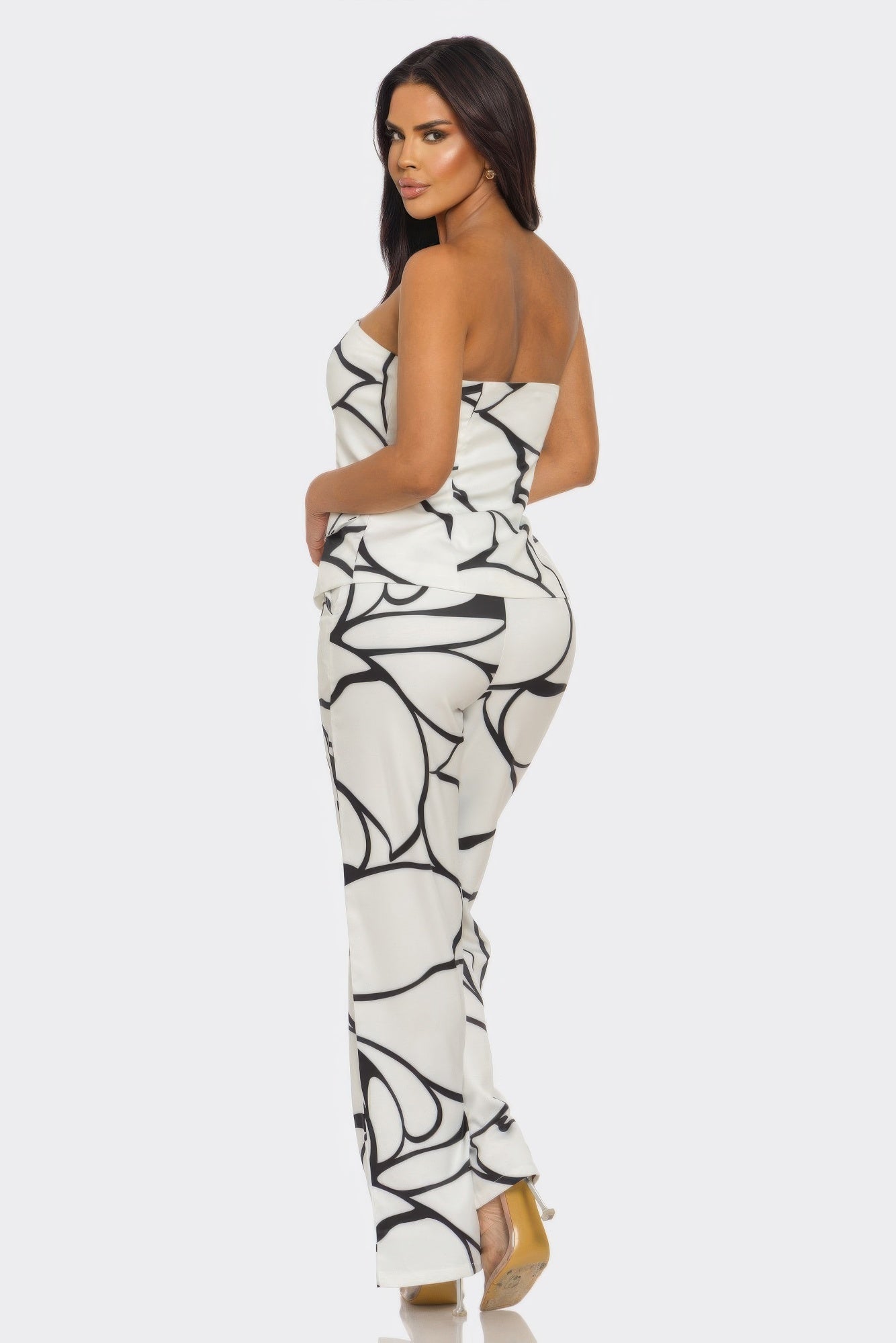 Abstract Motion Two - Piece Set for Women – Strapless Top & Wide Leg Pants Matching Set, Elegant White Outfit - ZumBuys