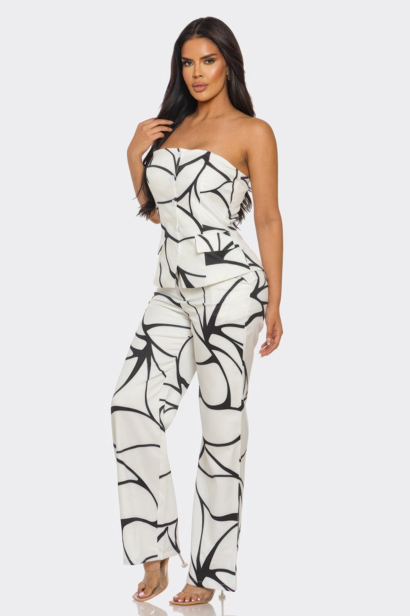 Abstract Motion Two - Piece Set for Women – Strapless Top & Wide Leg Pants Matching Set, Elegant White Outfit - ZumBuys