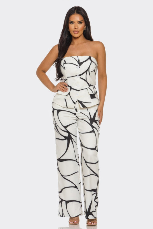 Abstract Motion Two - Piece Set for Women – Strapless Top & Wide Leg Pants Matching Set, Elegant White Outfit - ZumBuys