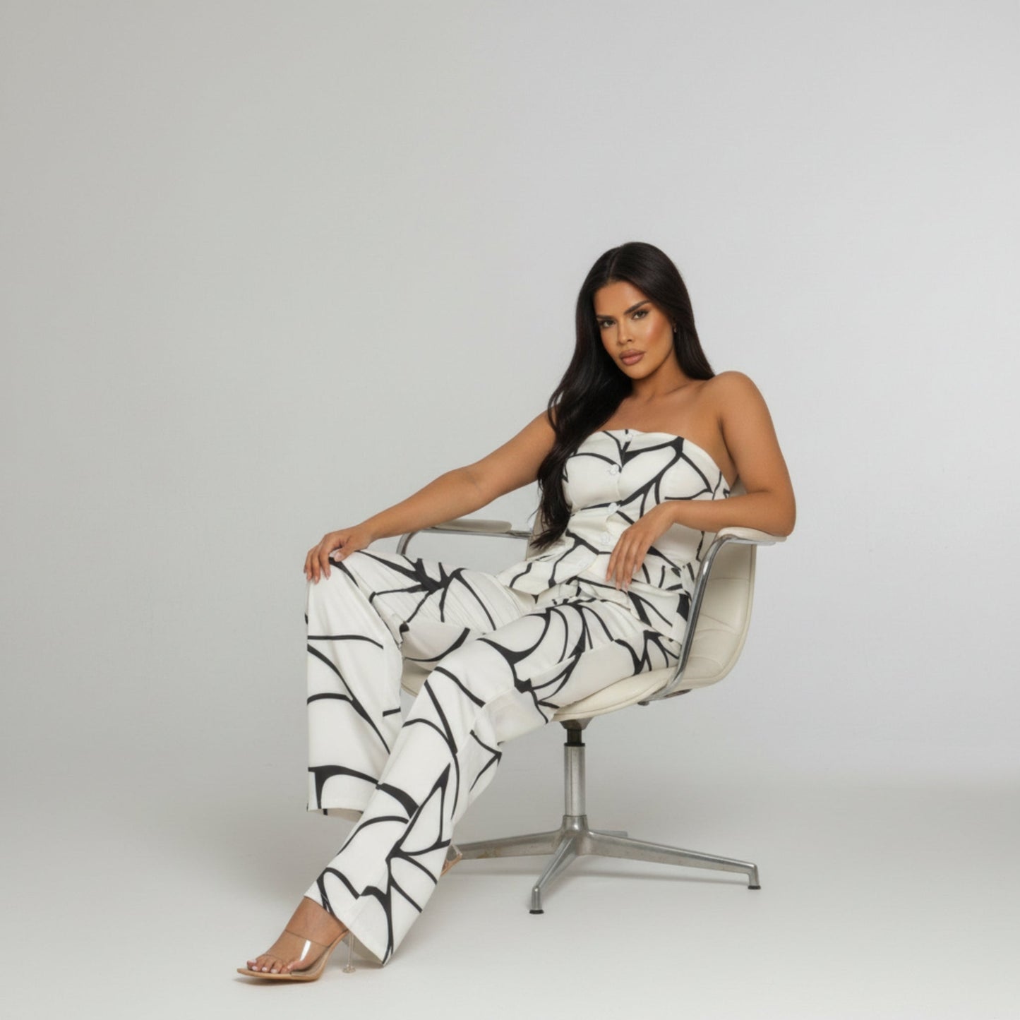 Abstract Motion Two - Piece Set for Women – Strapless Top & Wide Leg Pants Matching Set, Elegant White Outfit - ZumBuys