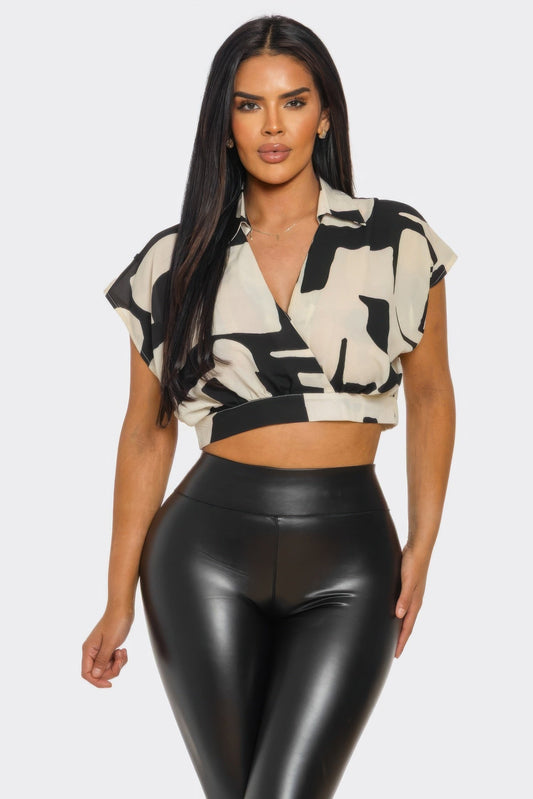 Abstract Wrap Crop Top – Black Beige V Neck Collared Women’s Cropped Blouse - ZumBuys