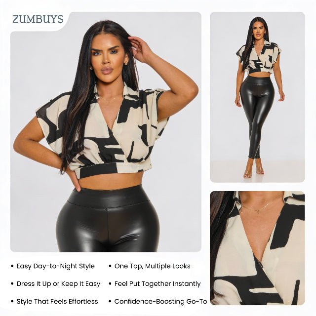 Abstract Wrap Crop Top – Black Beige V Neck Collared Women’s Cropped Blouse - ZumBuys