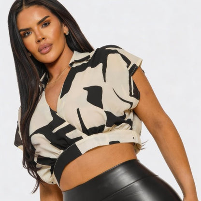 Abstract Wrap Crop Top – Black Beige V Neck Collared Women’s Cropped Blouse - ZumBuys