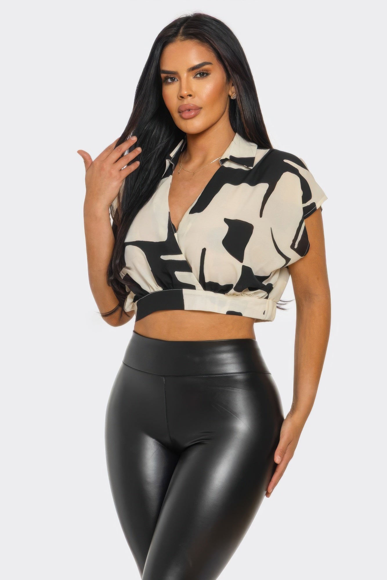 Abstract Wrap Crop Top – Black Beige V Neck Collared Women’s Cropped Blouse - ZumBuys
