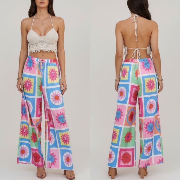 Allover Print Drawstring Wide Leg Pants with Pockets - ZumBuys