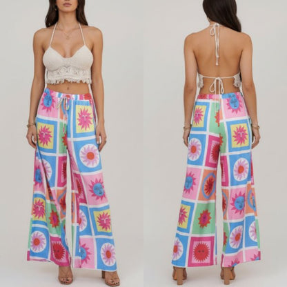 Allover Print Drawstring Wide Leg Pants with Pockets - ZumBuys
