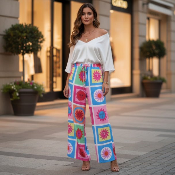 Allover Print Drawstring Wide Leg Pants with Pockets - ZumBuys
