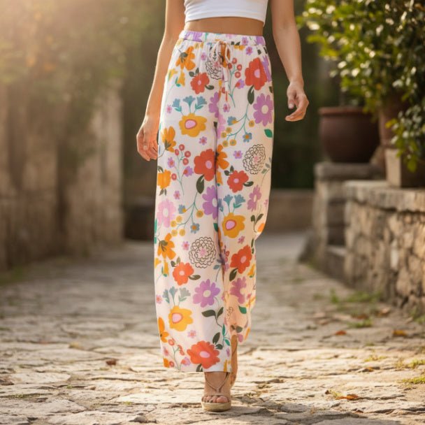 Allover Print Drawstring Wide Leg Pants with Pockets - ZumBuys