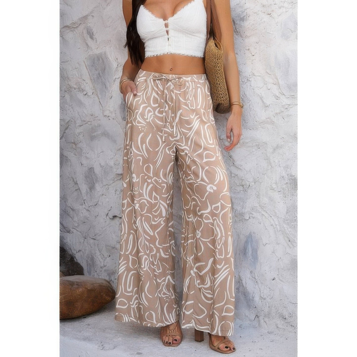 Allover Print Drawstring Wide Leg Pants with Pockets - ZumBuys