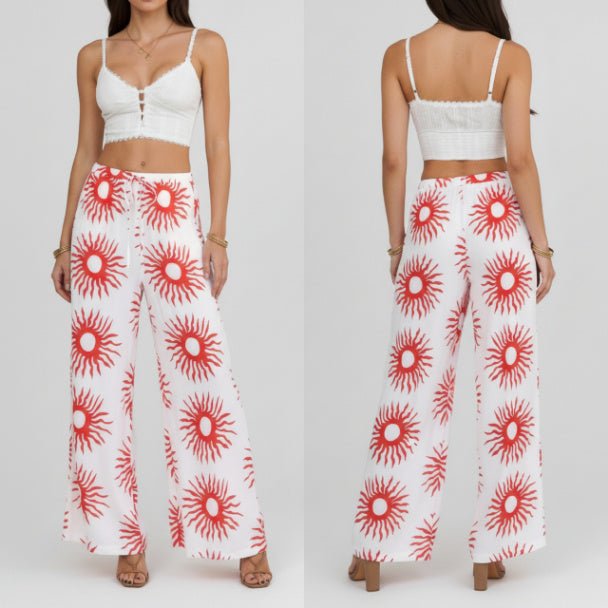 Allover Print Drawstring Wide Leg Pants with Pockets - ZumBuys