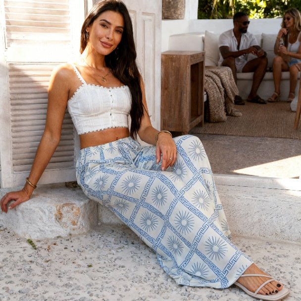 Allover Print Drawstring Wide Leg Pants with Pockets - ZumBuys
