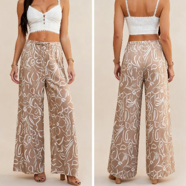 Allover Print Drawstring Wide Leg Pants with Pockets - ZumBuys