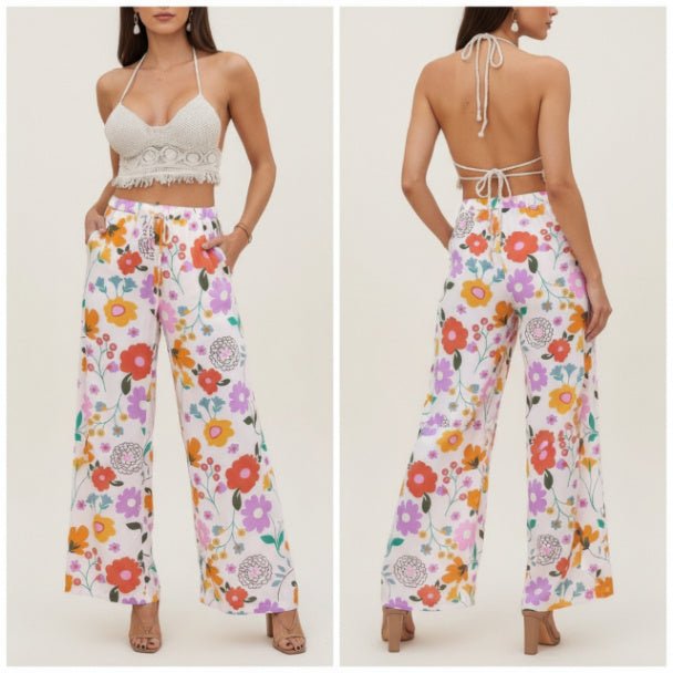 Allover Print Drawstring Wide Leg Pants with Pockets - ZumBuys