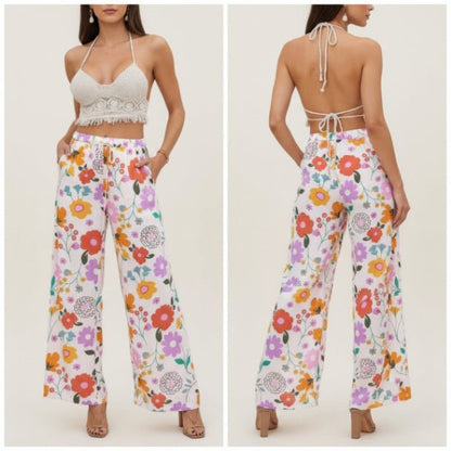 Allover Print Drawstring Wide Leg Pants with Pockets - ZumBuys