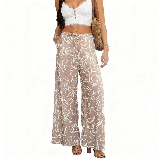 Allover Print Drawstring Wide Leg Pants with Pockets - ZumBuys