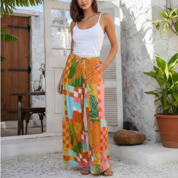 Allover Print Drawstring Wide Leg Pants with Pockets - ZumBuys