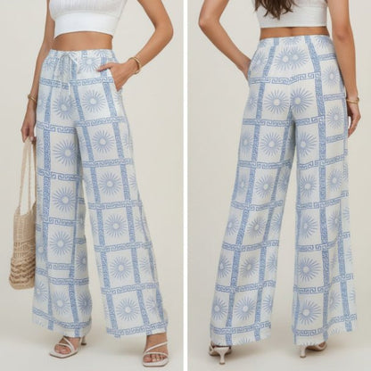 Allover Print Drawstring Wide Leg Pants with Pockets - ZumBuys