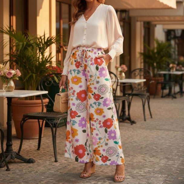 Allover Print Drawstring Wide Leg Pants with Pockets - ZumBuys