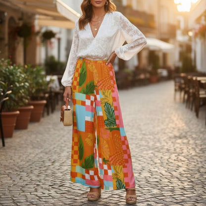 Allover Print Drawstring Wide Leg Pants with Pockets - ZumBuys