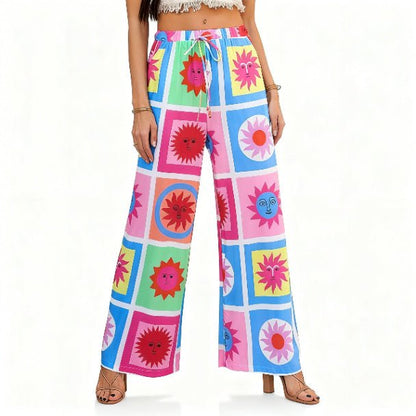 Allover Print Drawstring Wide Leg Pants with Pockets - ZumBuys
