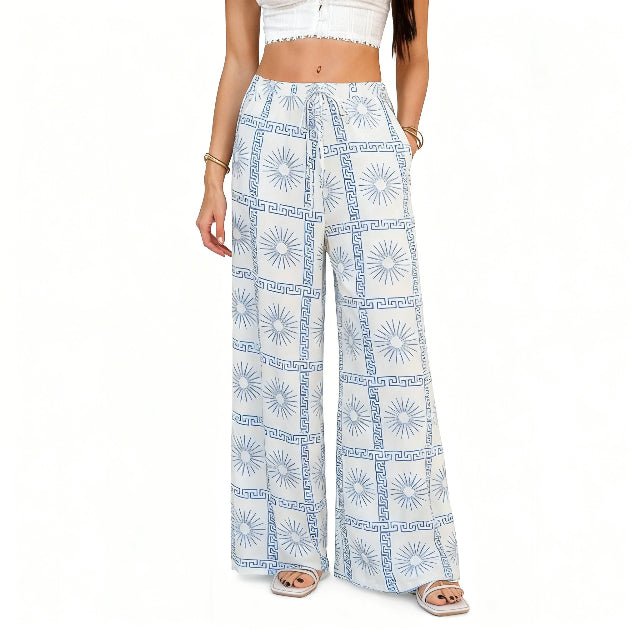 Allover Print Drawstring Wide Leg Pants with Pockets - ZumBuys